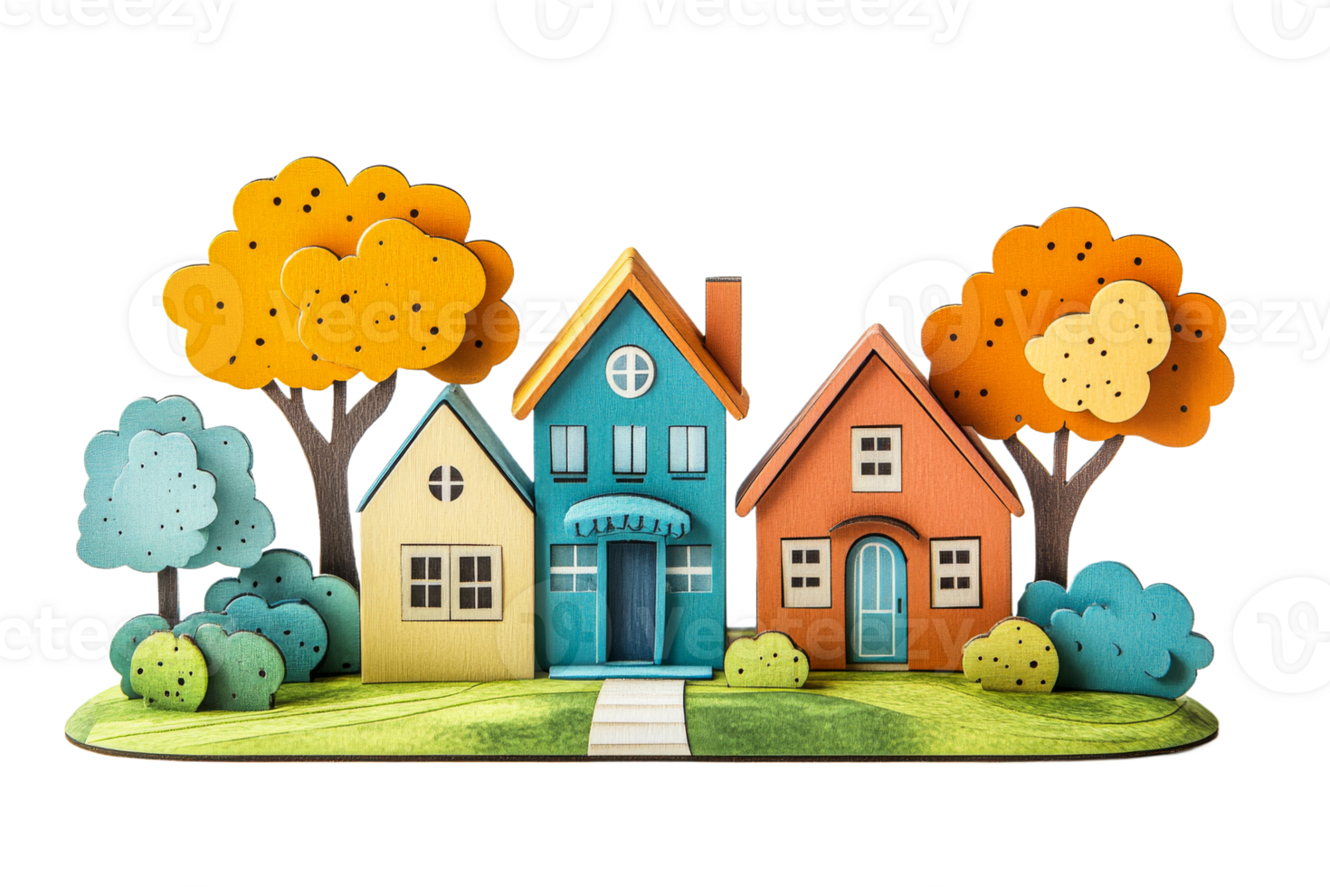 Colorful wooden houses with trees on clear background png