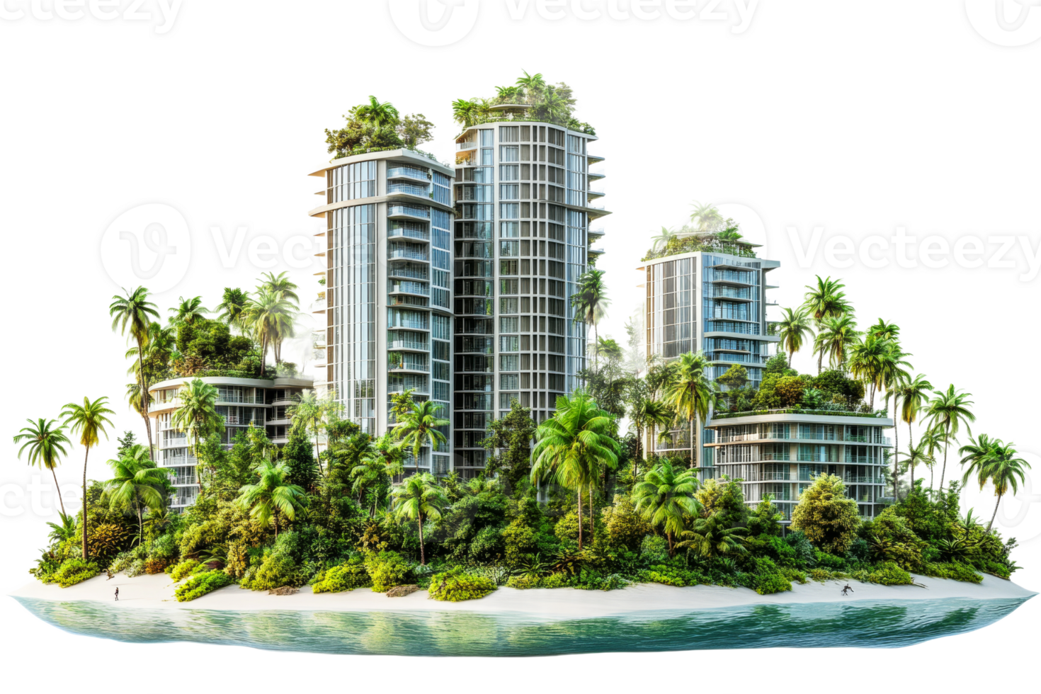 Modern tropical resort with lush greenery and water png