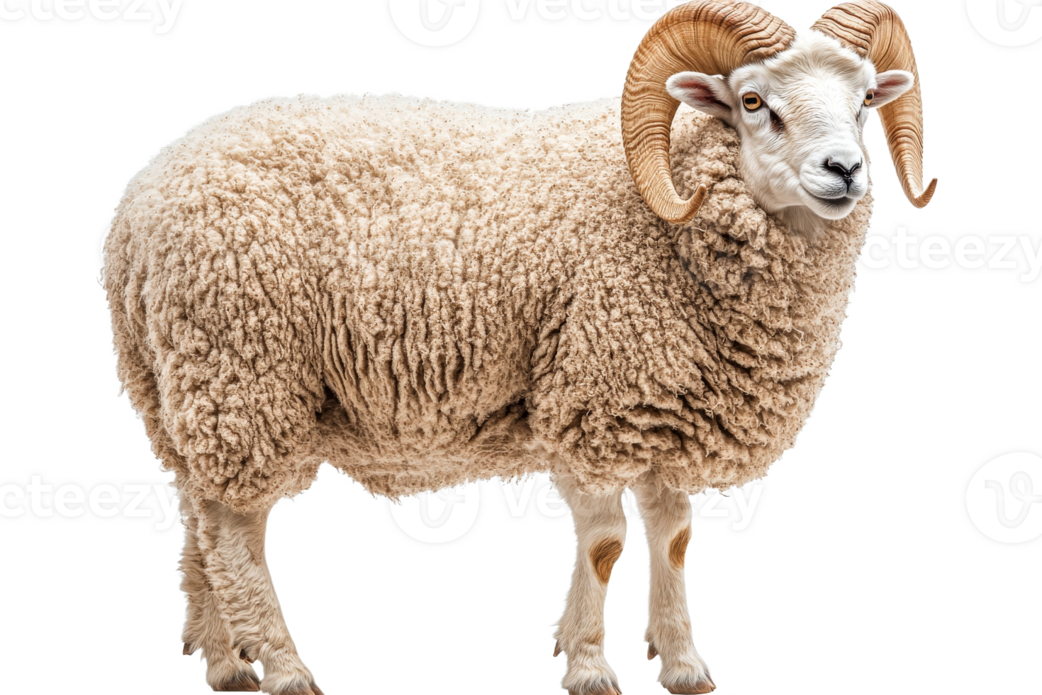Sheep with curly fleece and prominent horns stands proudly png