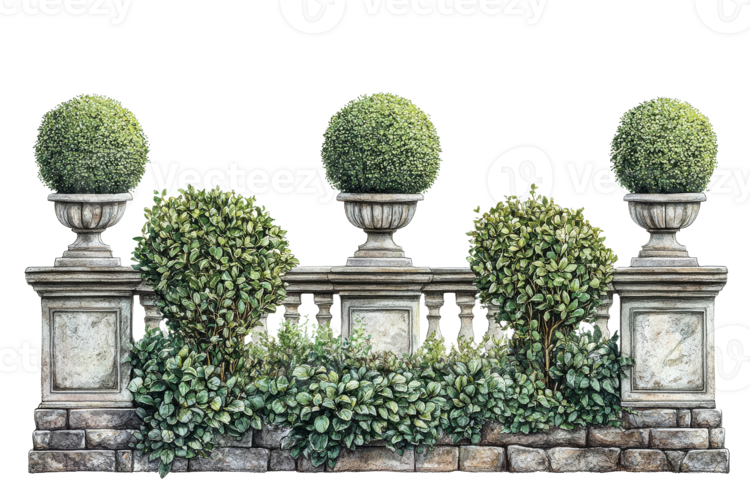 Decorative garden wall with greenery and stone design png