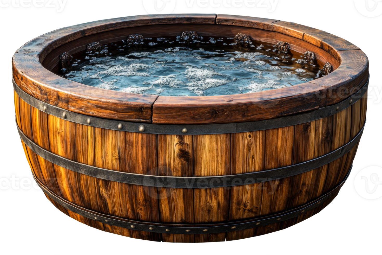Wooden barrel hot tub filled with bubbling water png