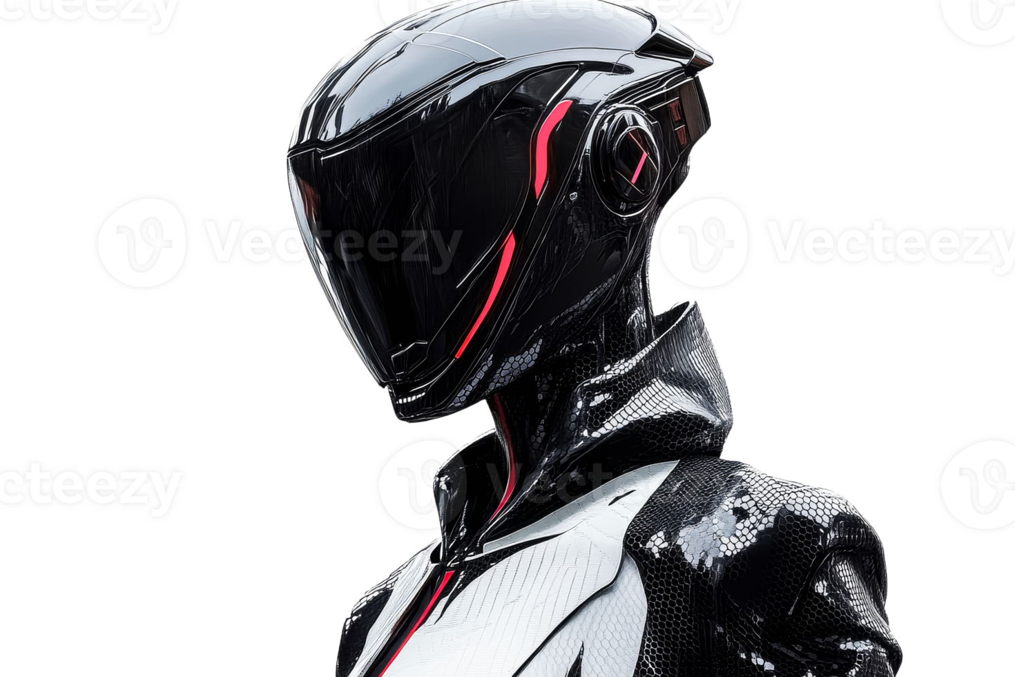 Futuristic robot figure stands with sleek armor and visor png