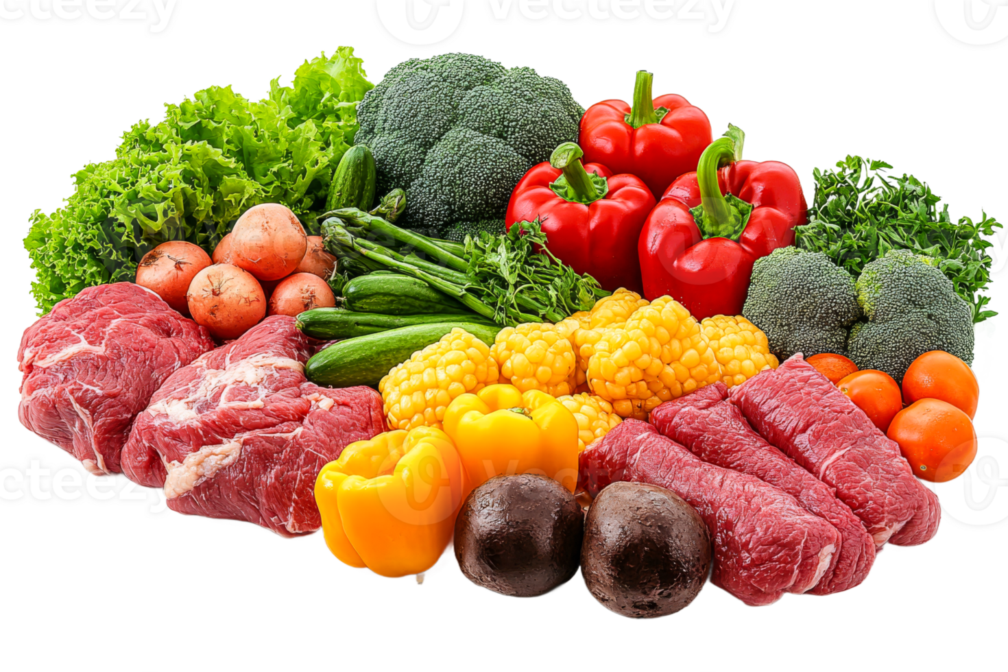 Fresh vegetables and meats arranged for meal preparation png