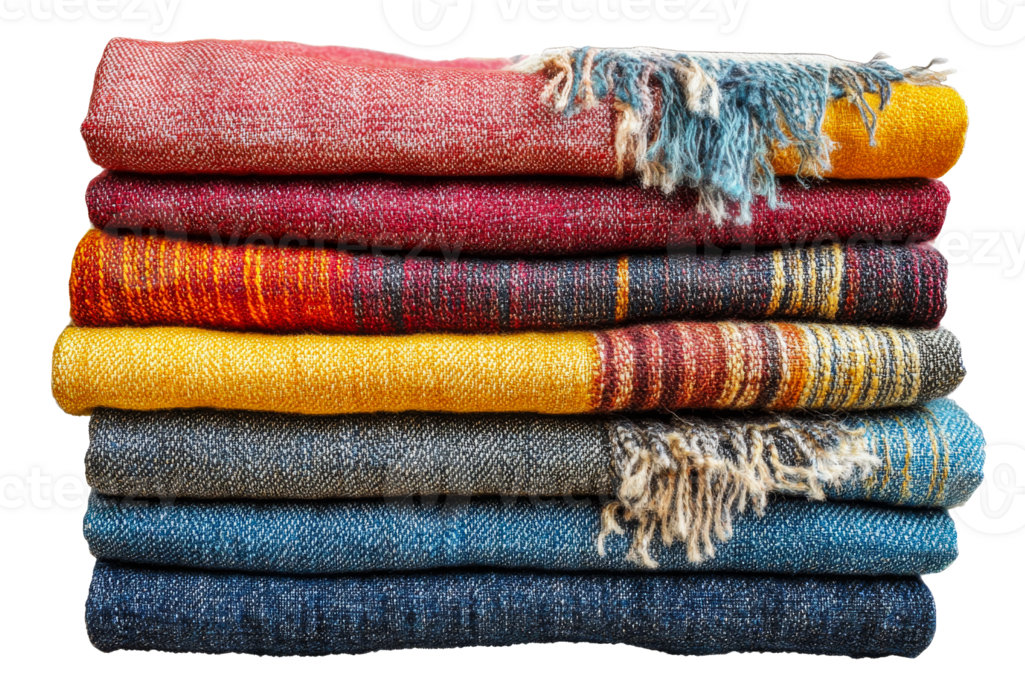 Colorful stacked blankets with diverse textures and patterns png