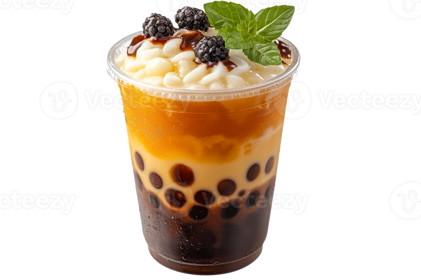 Refreshing bubble tea with layers of flavors and toppings png