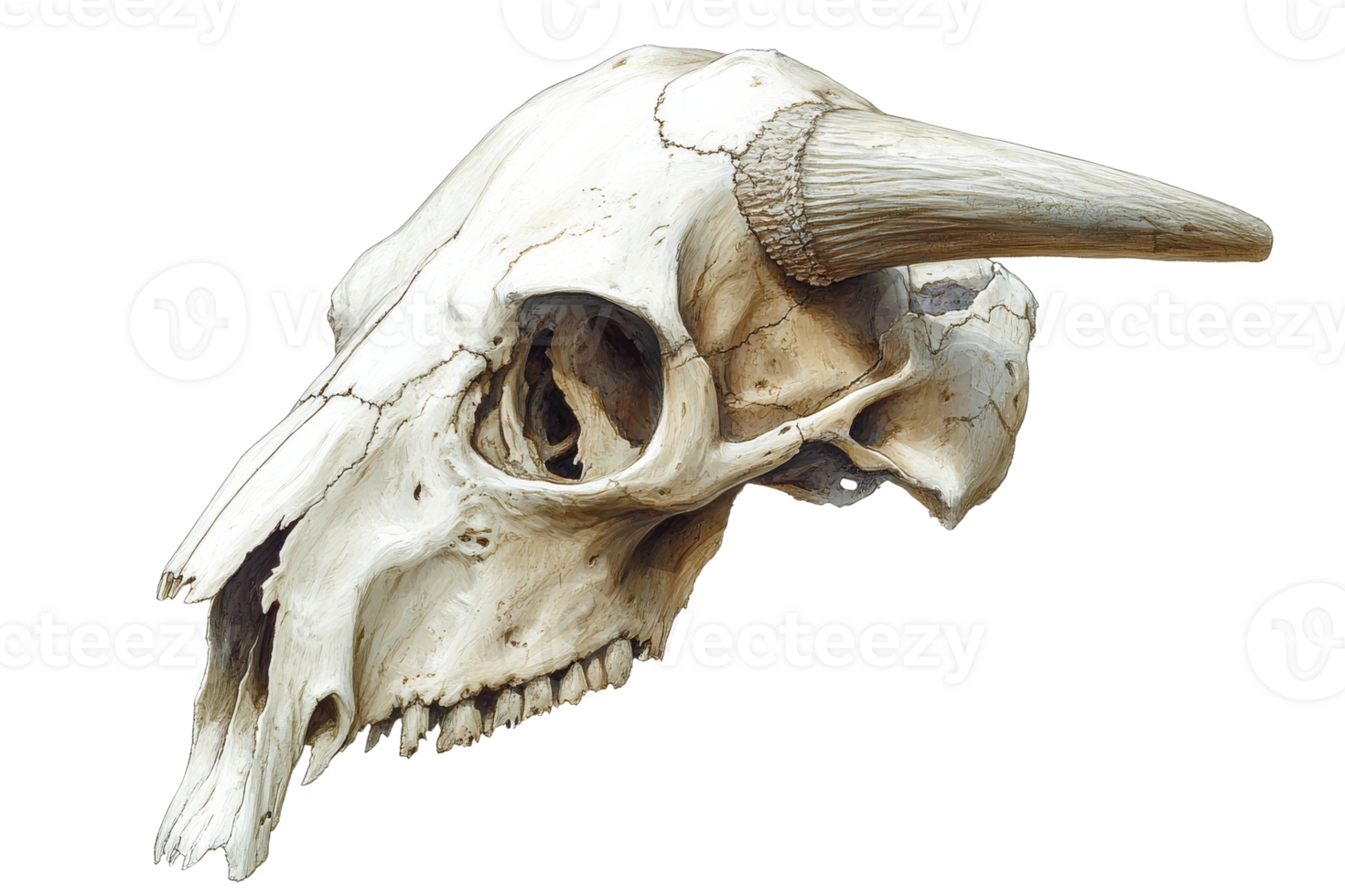 Large mammal skull with horn, transparent bg png