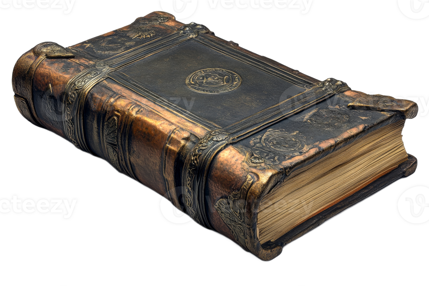 Antique leather book with ornate metal accents png