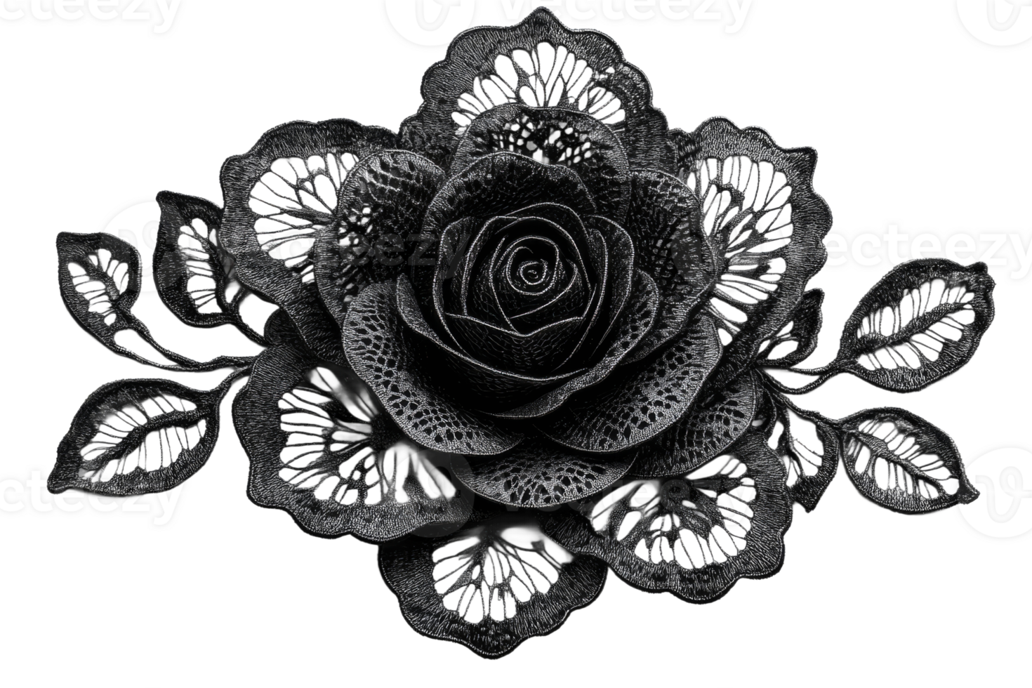 Intricate black lace rose with delicate leaves design png
