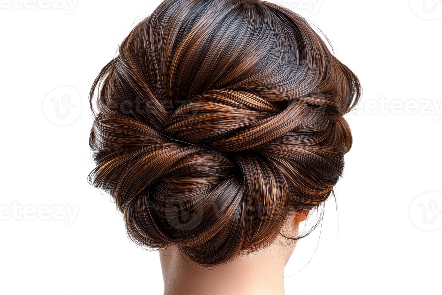 Elegant twisted bun hairstyle with shiny highlights png