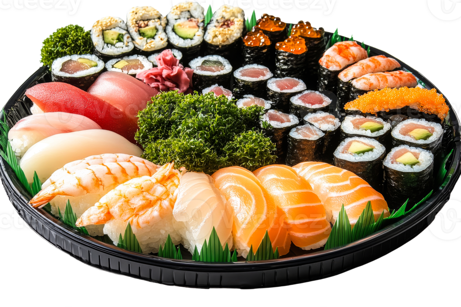 Assorted sushi platter with fresh ingredients and designs png