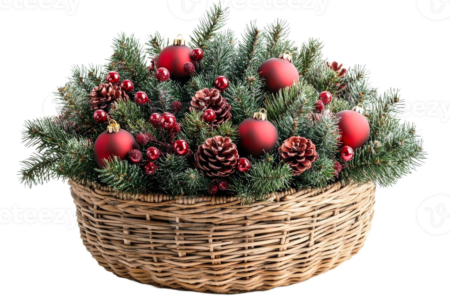 Festive holiday decoration with red ornaments and pinecones png