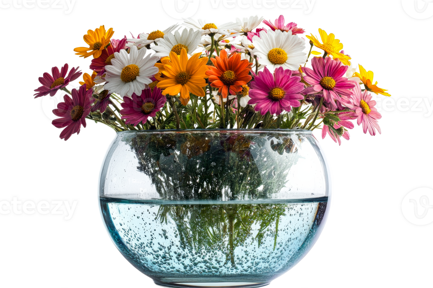 Colorful flowers in a round vase with water png