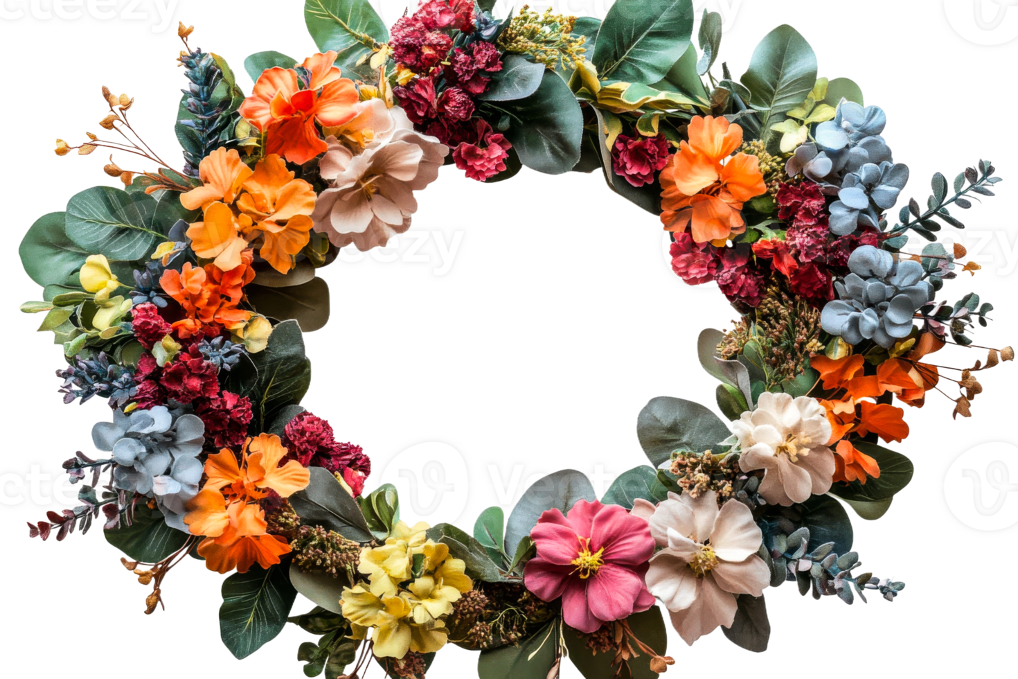 Colorful floral wreath with various blooms and leaves png
