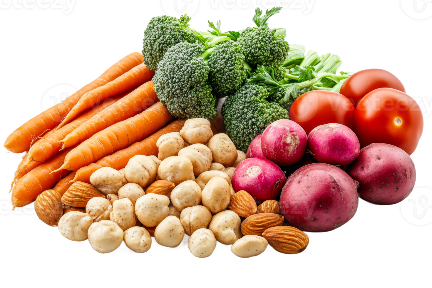 Fresh vegetables and nuts arranged on a table png