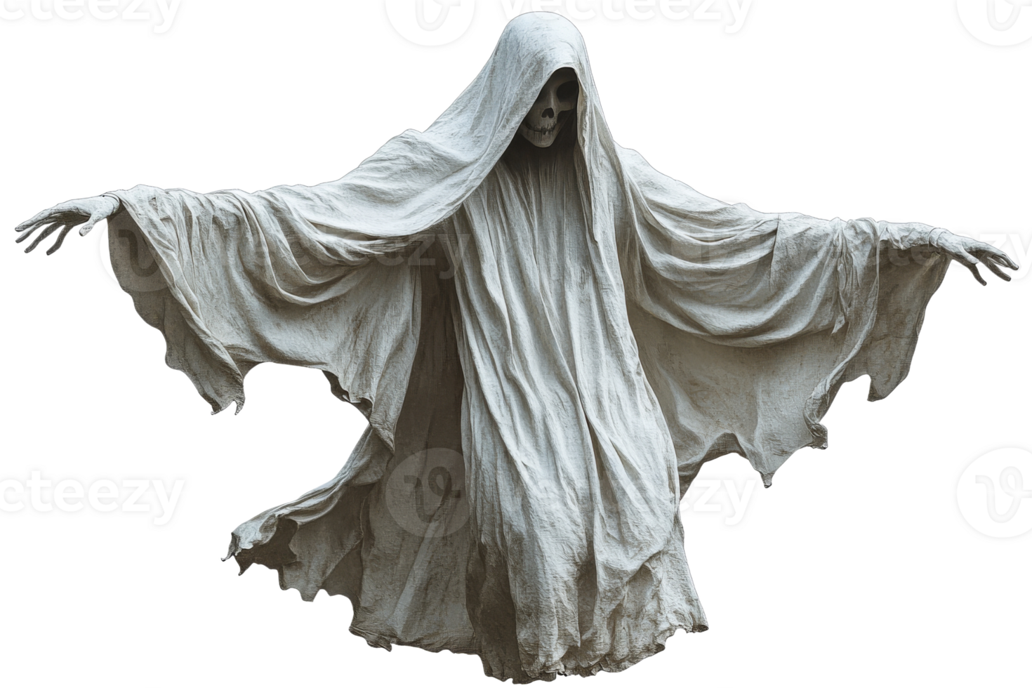 Ghost figure with flowing robes and skeletal face png