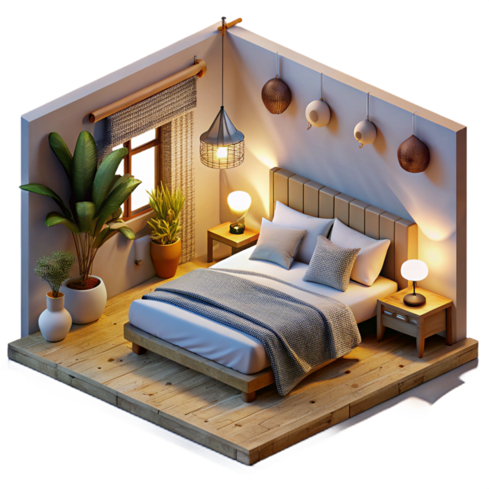 serene artistic Modern Bedroom Interior Cozy Lighting Isolated high quality png