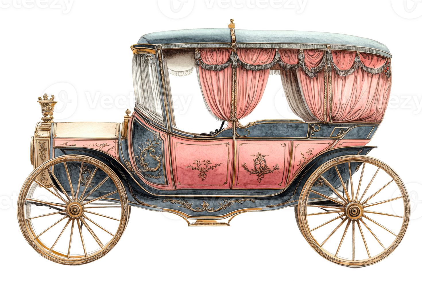 Elegant vintage carriage with ornate details and curtains png