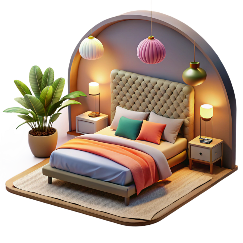 stunning artistic Modern Bedroom Interior Cozy Lighting Isolated high quality png