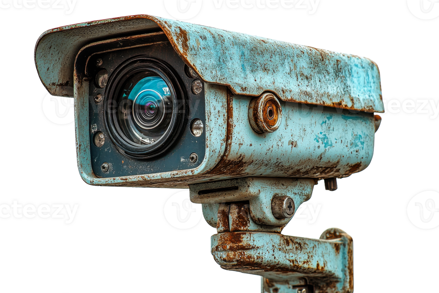 Rusty old blue security camera on clear background png