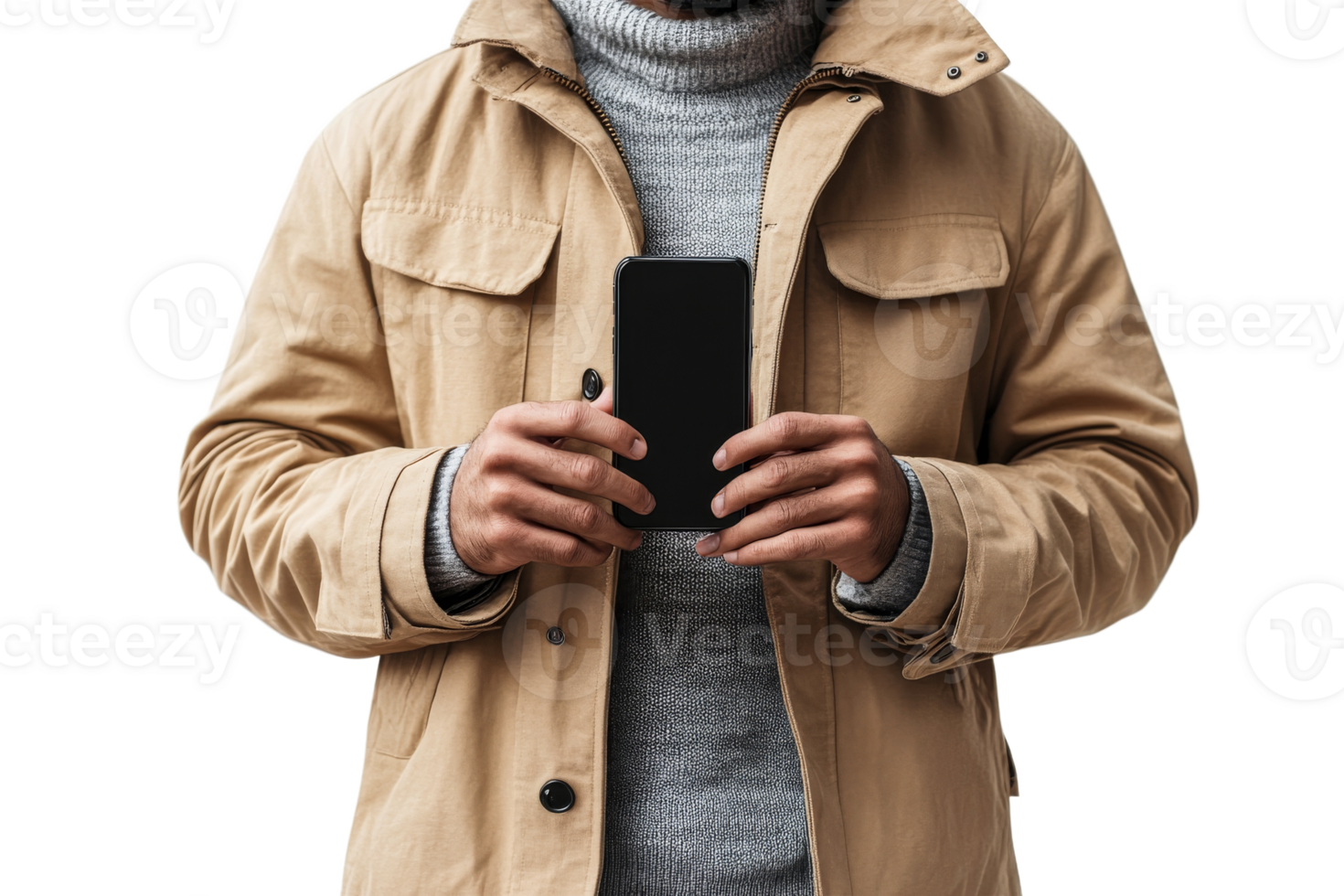 Person holding smartphone in casual winter attire png