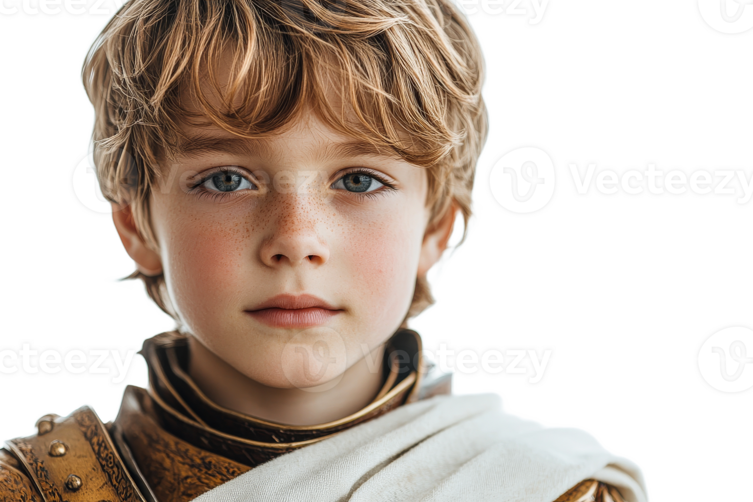 Young boy in detailed knight armor with a solemn expression png