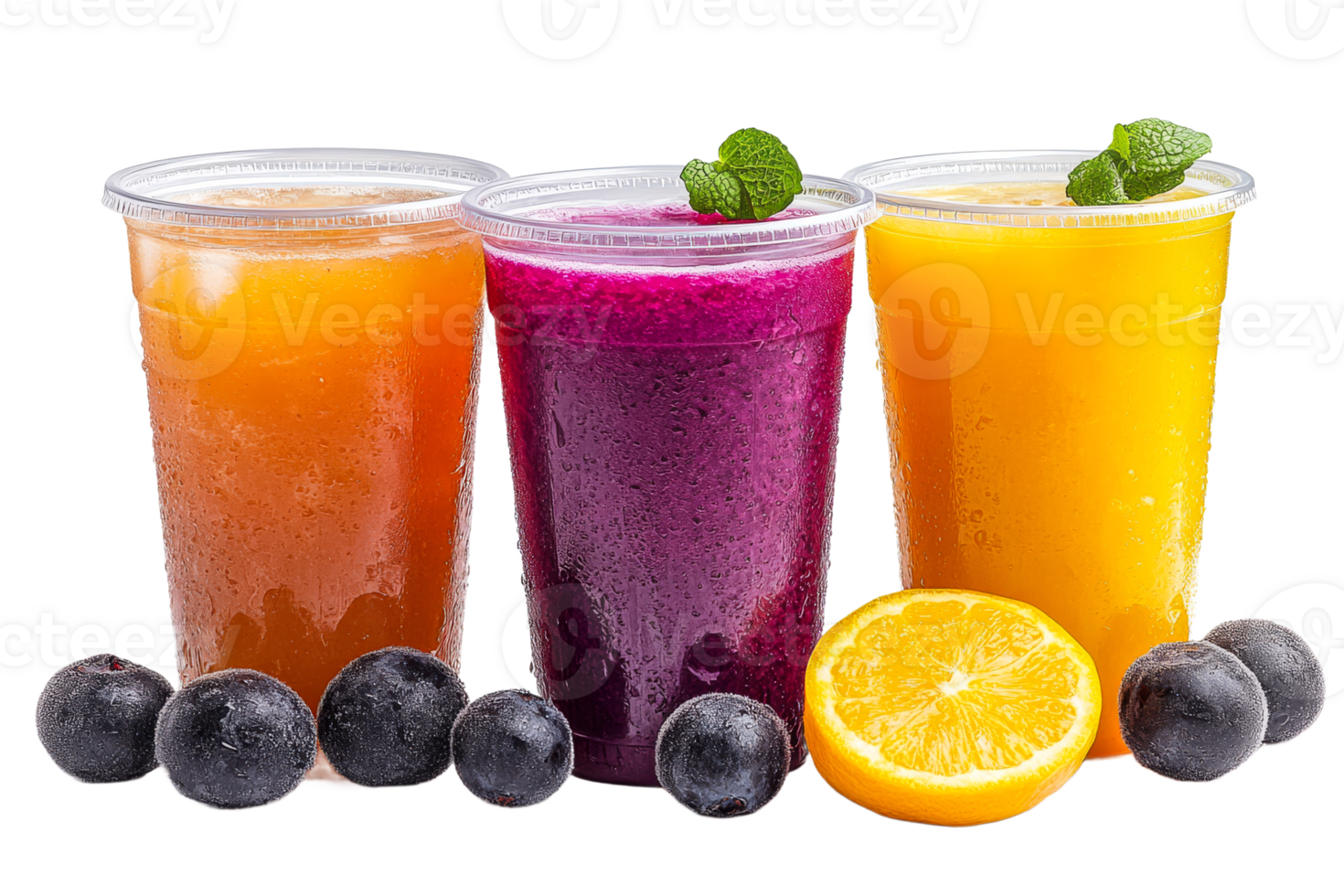Refreshing fruit drinks in transparent cups with garnishes png