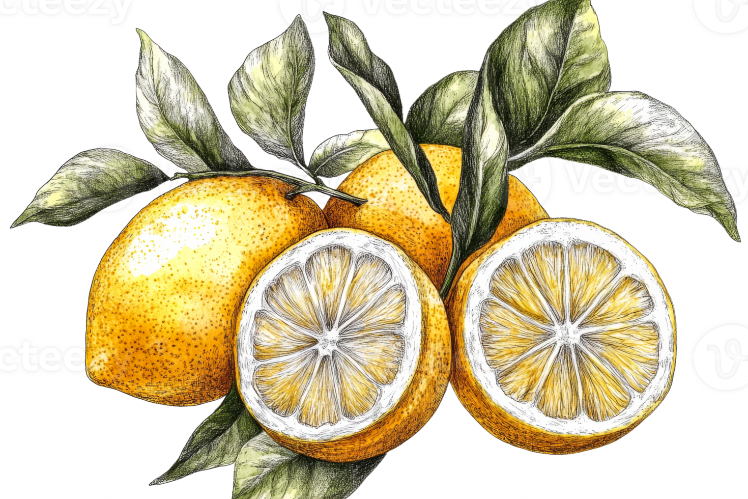 Fresh lemons with leaves on transparent background png