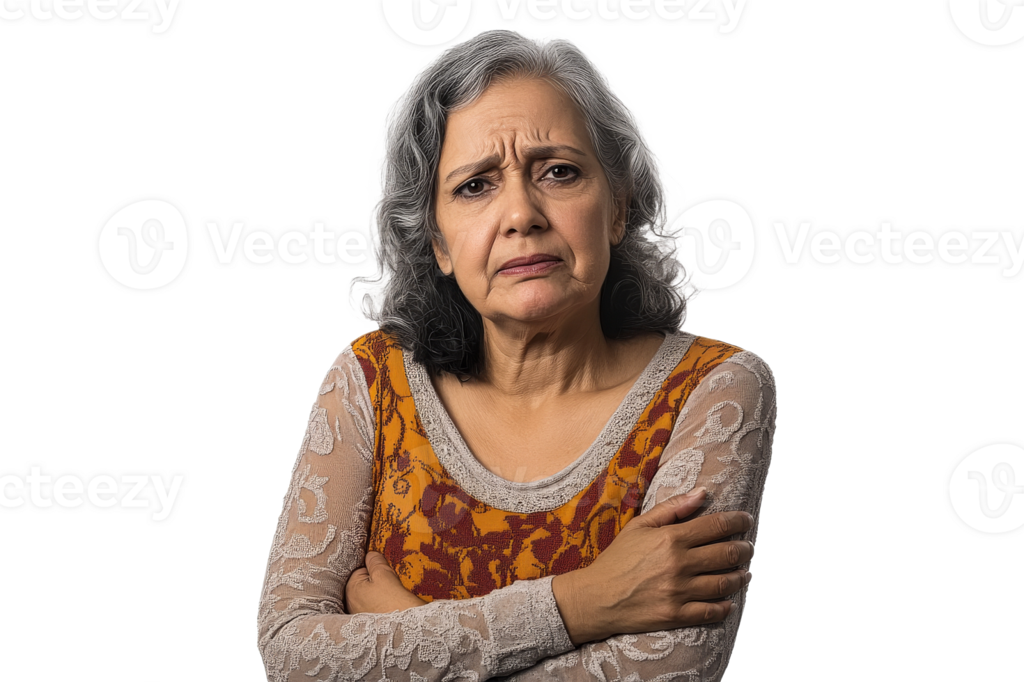 Elderly woman showing concern with crossed arms png