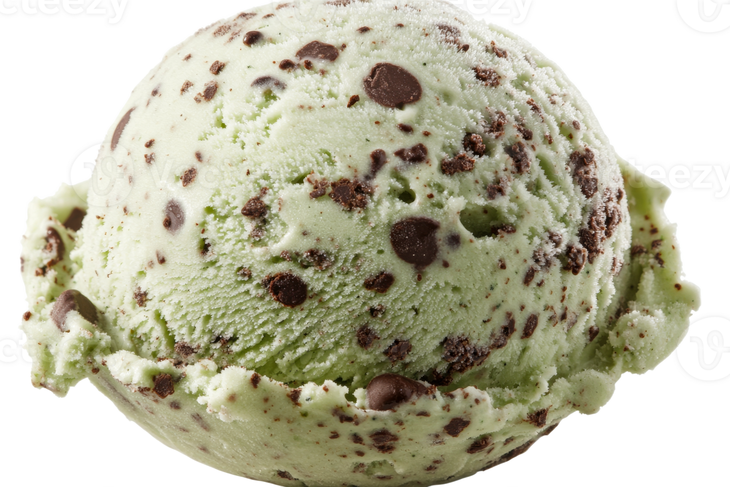 Mint chocolate chip ice cream scoop with chocolate chunks png