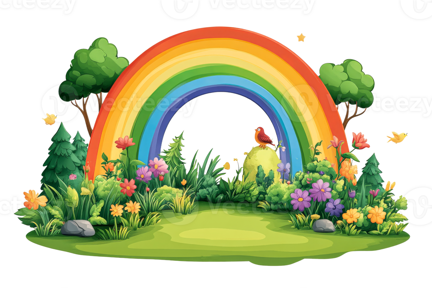 Colorful rainbow arching over a vibrant garden landscape png