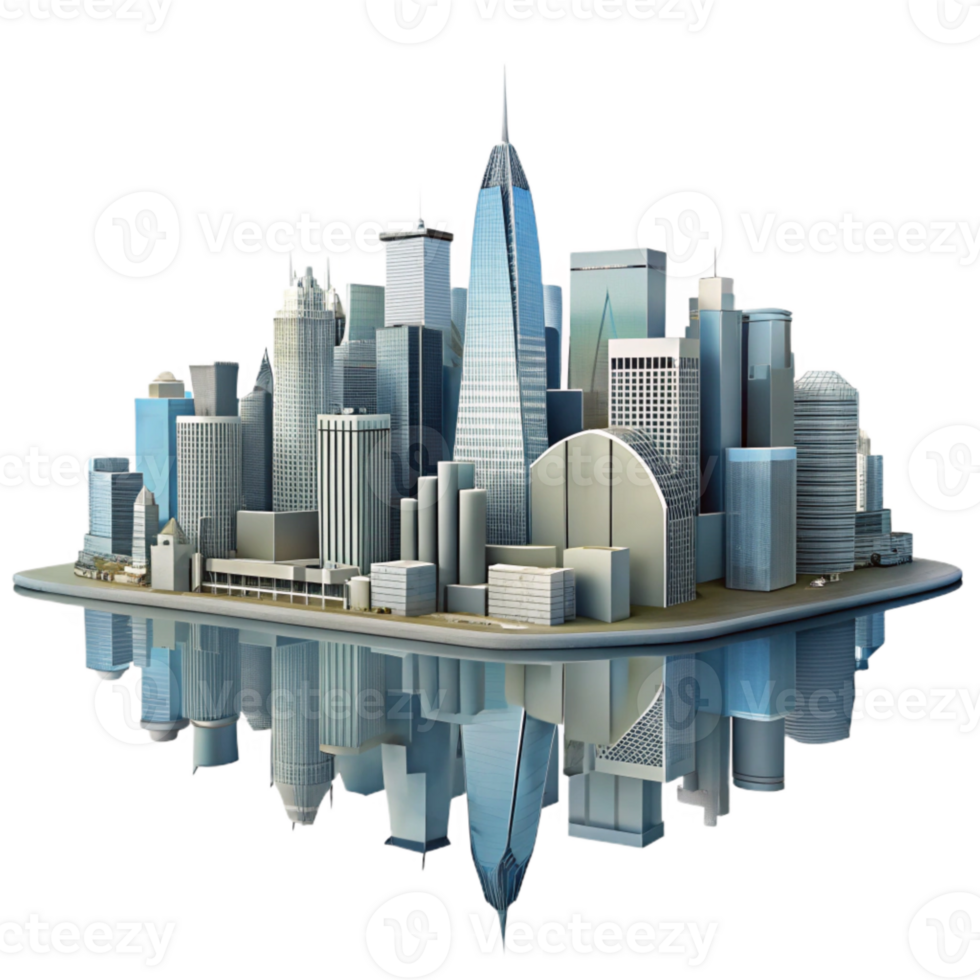 beautiful artistic Modern City Skyline with Water Reflection Cutout authentic png