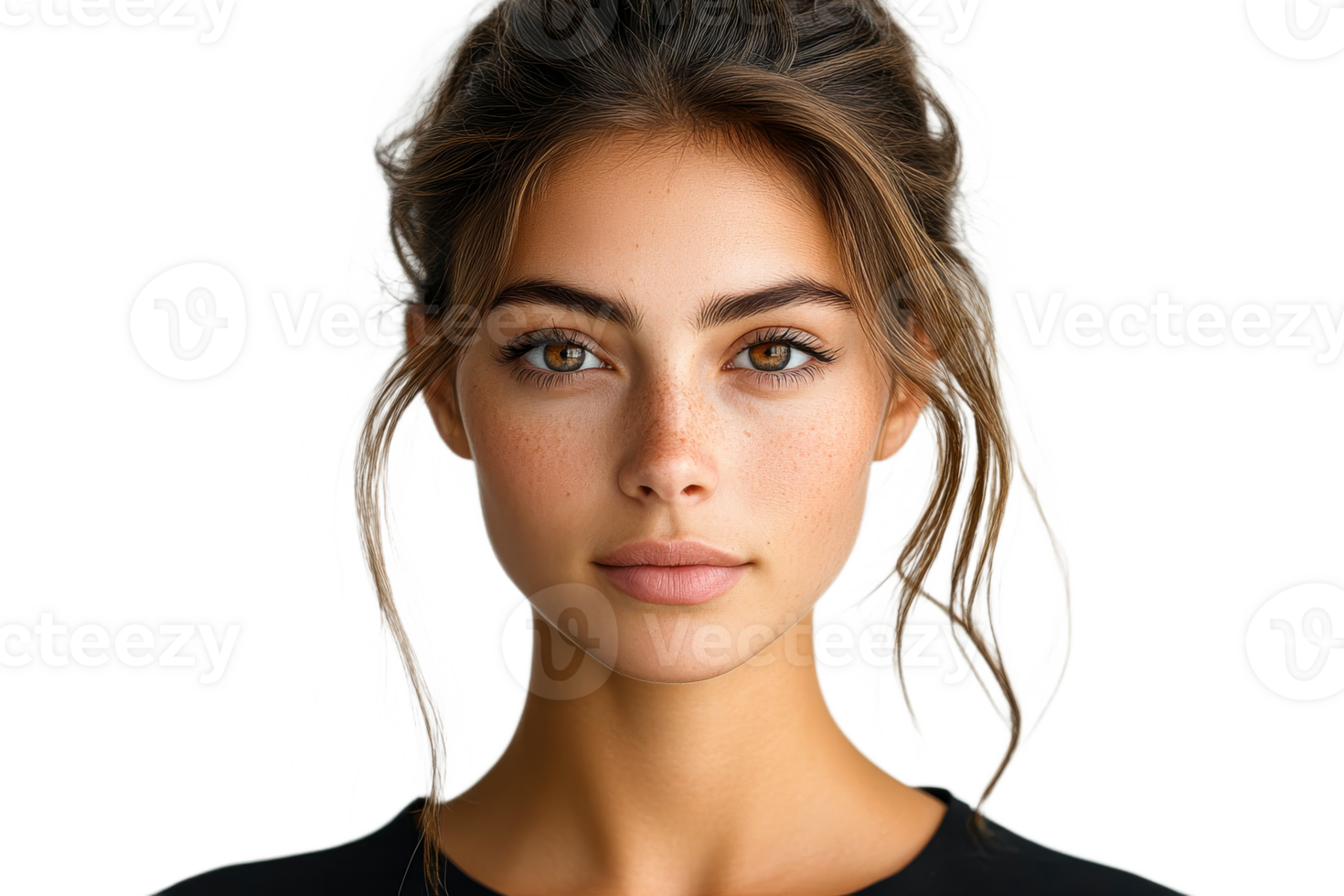 Confident young woman with wavy hair and natural makeup png