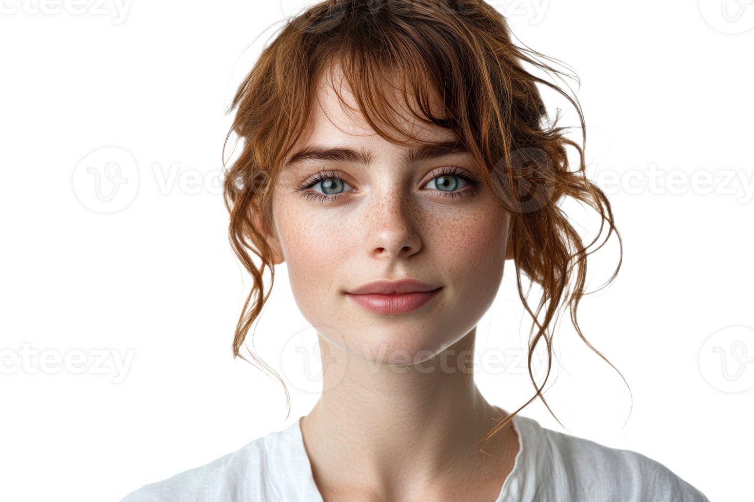 Freckled beauty with curls on a clear backdrop png