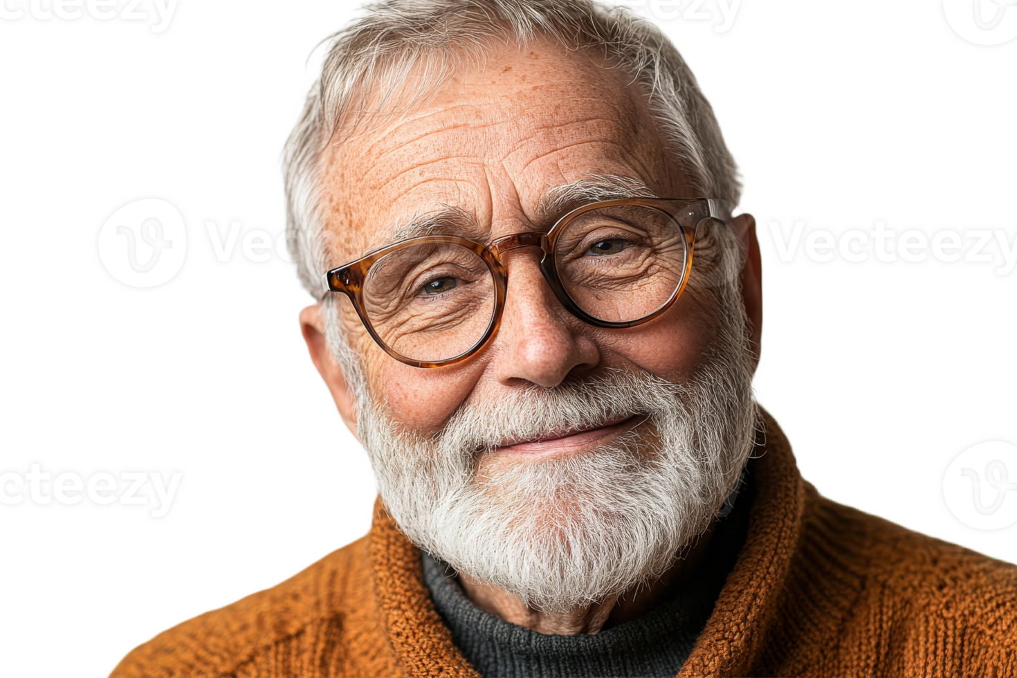 Elderly man smiling warmly with gray beard and glasses png