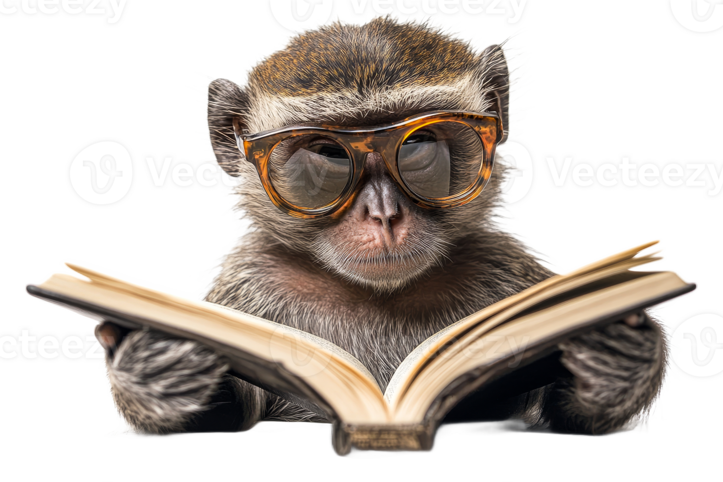 Monkey in glasses reading a book on transparent BG png