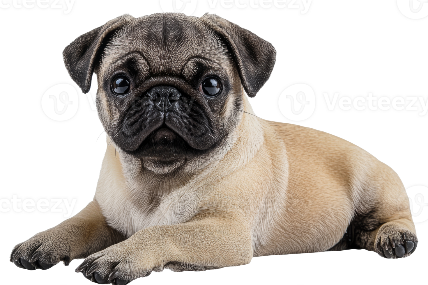 Cute pug puppy resting comfortably on a surface png