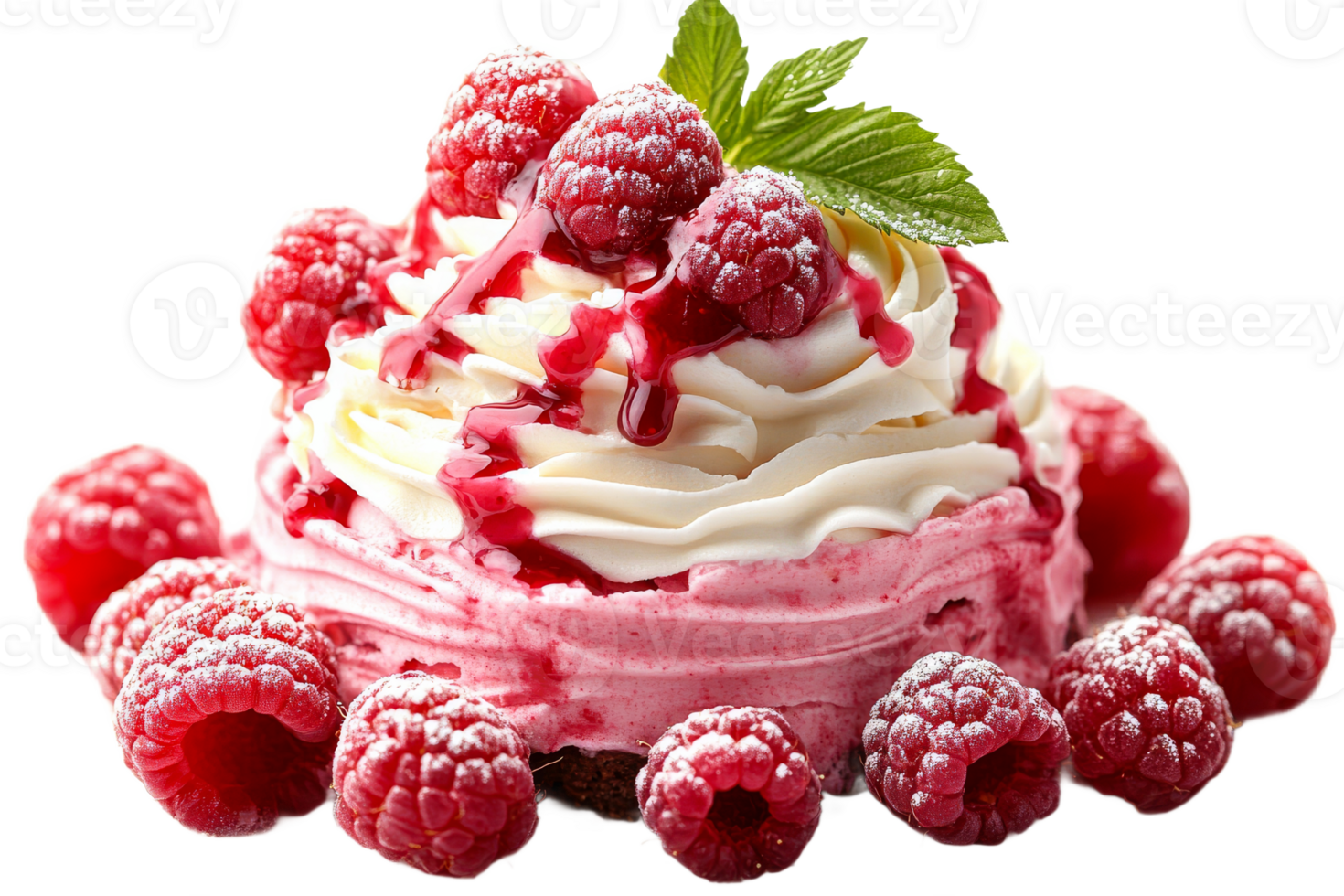 Delicious raspberry dessert with cream and mint garnish png