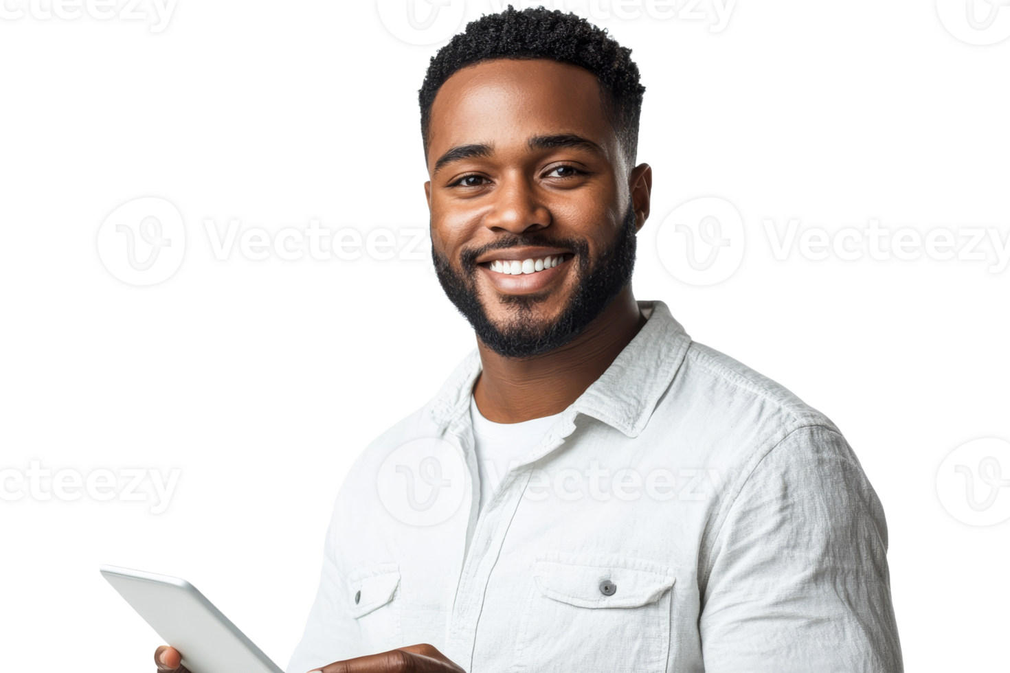 Smiling man holding tablet with confident demeanor png