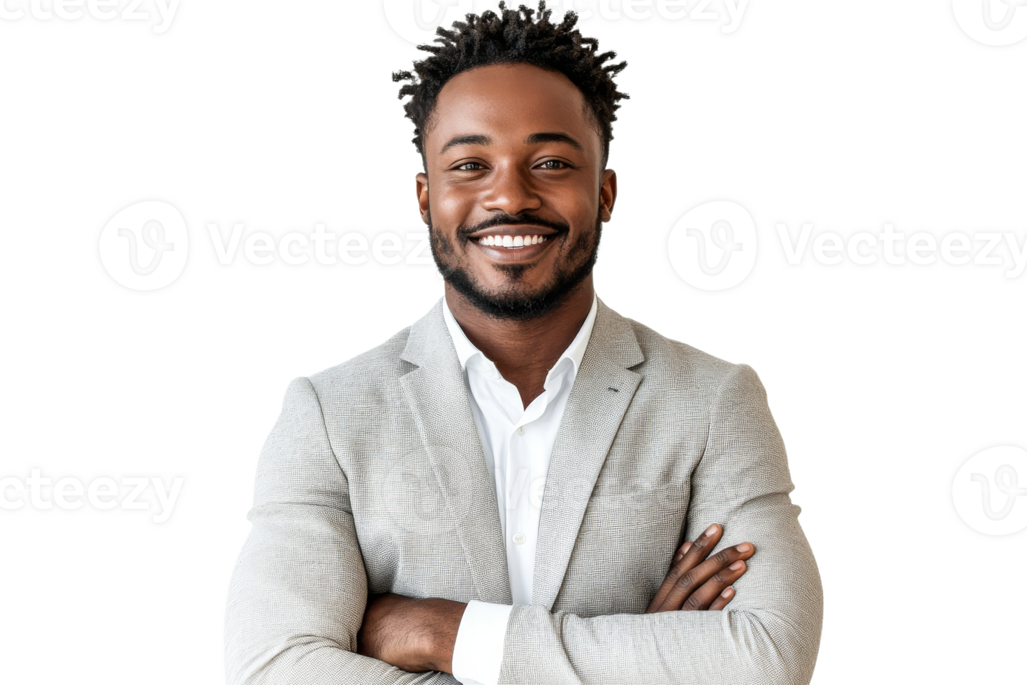 Confident man smiling in light gray suit with crossed arms png
