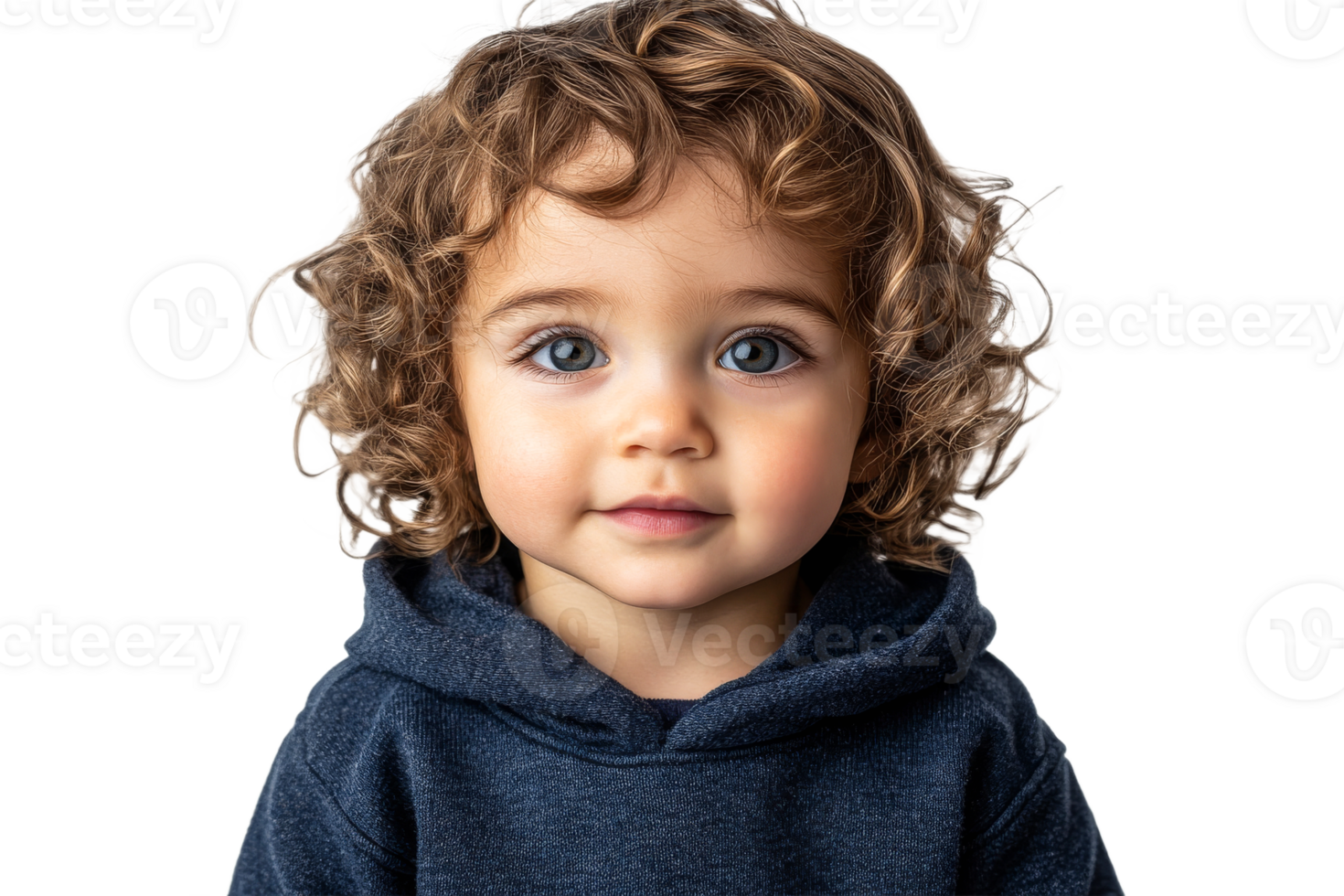 Curly haired child with bright eyes wearing a hoodie png