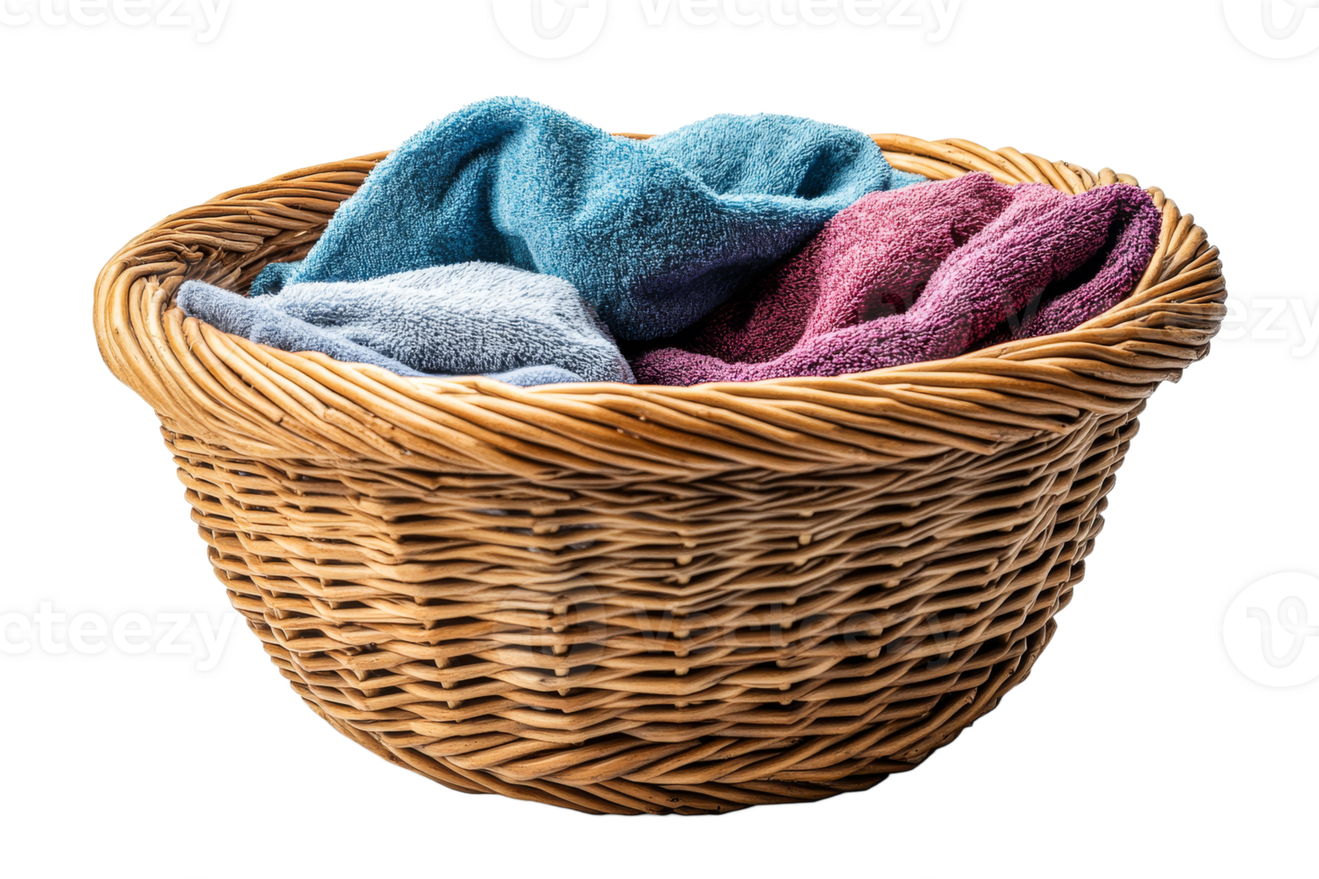 Basket filled with colorful towels on transparent background png