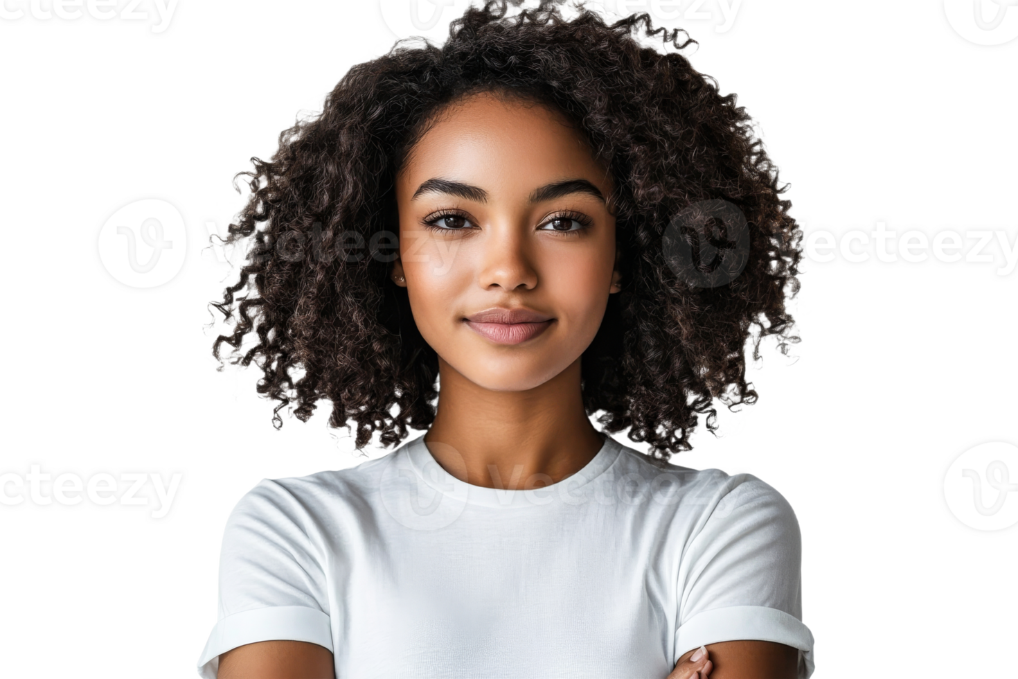 Confident woman with curly hair smiling warmly png