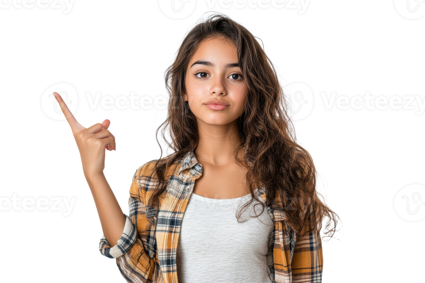 Young girl raises finger with a thoughtful expression png