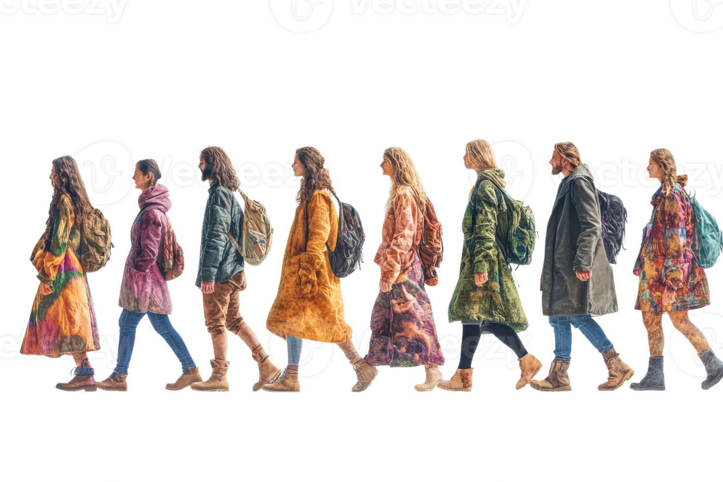 Diverse group of people walking with backpacks in winter png
