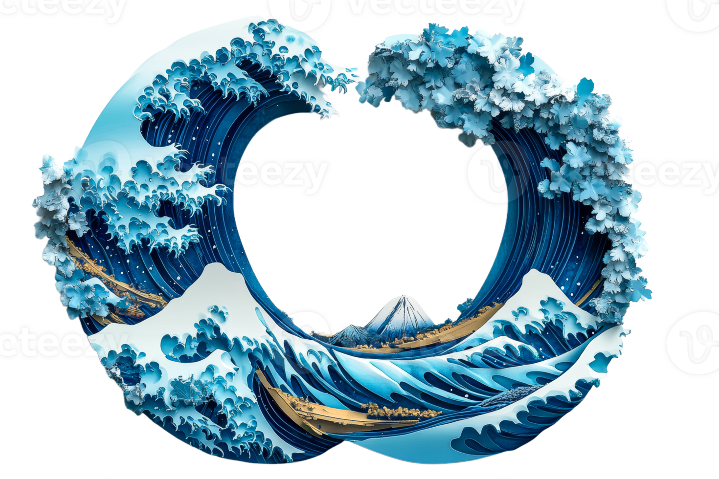 Dynamic waves with mountain backdrop and floral details png