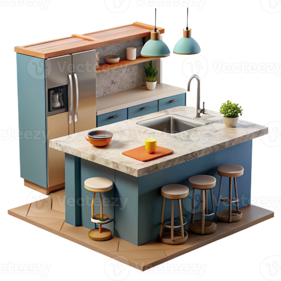 magnificent minimalist Modern Kitchen with Island Isolated high resolution png