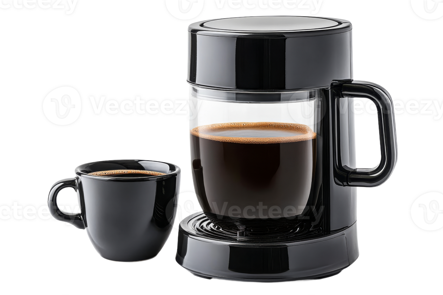 Black coffee maker with cup in modern kitchen setting png