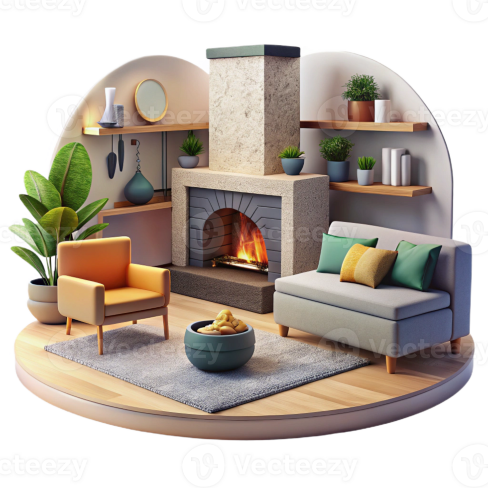 magnificent artistic Modern Living Room with Gray Sofa Isolated Element detailed png