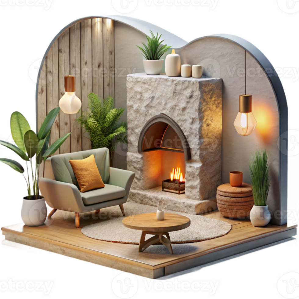 wonderful vintage Modern Living Room with Gray Sofa Isolated Element professional png