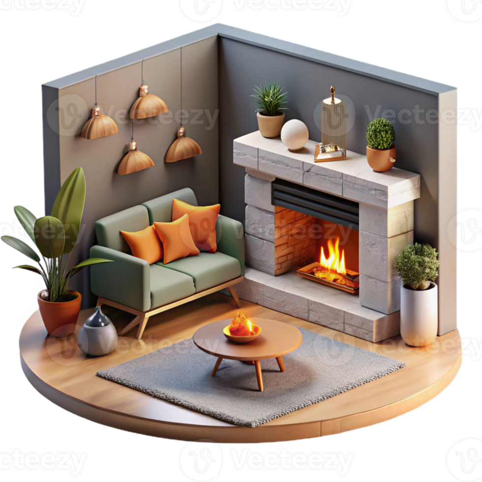 beautiful creative Modern Living Room with Gray Sofa Isolated Element png